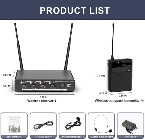 Depusheng R6 Professional Wireless Microphone UHF System 4 Channel with Wireless lavalier Headset Microphone, Metal Receiver, Perfect for Singing, Karaoke, Parties, Weddings in Saudi Arabia