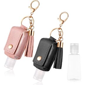 2Pcs Hand Sanitizer Keychain, 30ml Portable Leather Hand Sanitizer Holder Travel Size Keychain Hand Sanitizer Case Refillable Bottle for Toiletry Lotion Liquid Soap Shampoo (Black, Pink)