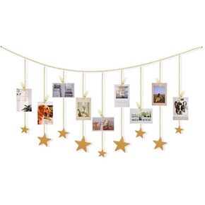 BetterJonny Hanging Photo Display, Metal Chains Picture Frame Collage with 30Pcs Wood Clips Wooden Stars Garland Hanging DIY Background Wall Photo Frame Decoration