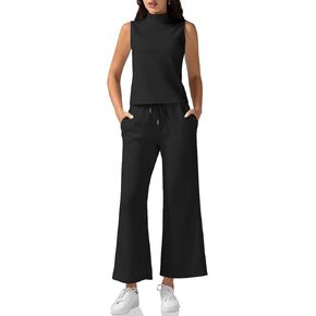 Fisoew Womens Summer 2 Piece Outfits Sleeveless Mock Neck Tank Tops Wide Leg Pants Tracksuit Sets with Pockets
