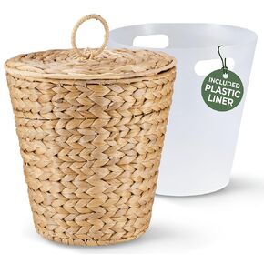 5 Gallon Wicker Trash Can with Lid & Liner - Wicker Waste Basket for Bathroom, Bedroom, Kitchen, Living Room - Wicker Trash Basket