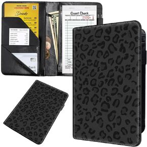 Server Book Organizer with Zipper Pocket, PU Leather Restaurant Guest Check Presenters Card Holder for Bartender Waitress Waiter, Leopard Print