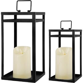 Modern Farmhouse Lantern Decor, 2Pcs Metal Candle Lanterns with Flameless Candles Black Decorative Lantern for Front Porch Covered Patio Dining Table Entryway Table Wedding Home Decor