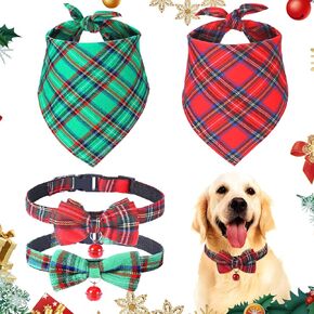 4 Pieces Christmas Dog Bandanas and Collars Set Xmas Christmas Classic Plaid Dog Neck Tie Triangle Bib Scarf Kerchief Adjustable PET Bow Tie with Safety Bell PET Costume for Cat Dog (L, Classic Style)