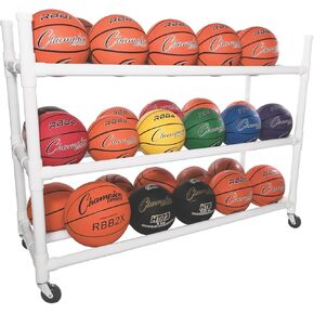 Champion Sports Three Tier Basketball Storage Cart with Locking Swivel Caster Wheels, 30 Ball Capacity (White)