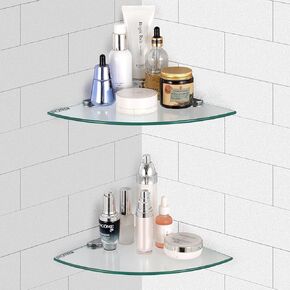 Glass Corner Shower Shelves for Bathroom, Glass Bathroom Shelf for Wall Floating, Tempered Glass Shelves Wall Mount with Zinc Alloy Brackets, 9.8 x 9.8 Inches, Bathroom Hardware (2 Pack)