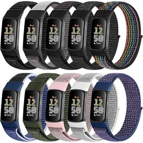 10 Pack Sport Loops Band Compatible with Fitbit Charge 6/ Charge 5 Bands Nylon for Women Men, Replacement Charge 6 Charge 5 Straps, Breathable Fabric Sport Wristband