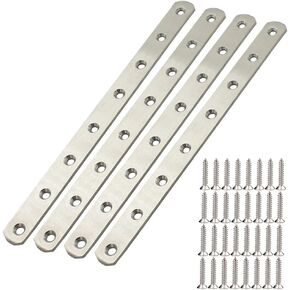 12" Flat Mending Plate 4Pcs Flat Straight Braces Stainless Steel Straight Brackets, Repair Fixing Bracket Connector, Mending Joining Plates with Screws, Silver