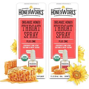 HoneyWorks Soothing Throat Spray with Non-GMO USDA Organic Dark Honey + Zinc for Adults, with Natural Antioxidants and Soothing Dry, Itchy Throat, 1oz, Pack of 2