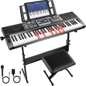 Keyboard Piano 61 Keys Kit with Stand Bench, Lighted Keys, Teaching Modes, LED Screen, 70 Demos, 200 Tones/Rhythms, Pitch Bend, Metronome, Sustain, Transpose, Program, Built-In Speakers
