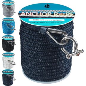 Anchor Rope 100 Ft 3/8 in, Double Braided Anchor Line Nylon with 316 Stainless Steel Thimble & Shackle, Boat Anchor Rope Marine Rope for Anchor and Boat - Navy Blue