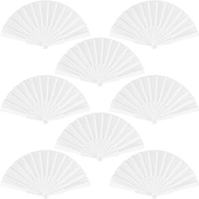 durony 8 Pieces Handheld Folding Fan Nylon Cloth Chinese Fans with Plastic Handle Decorative Folding Fans for Party, Wedding Gifts, Home Decoration, White