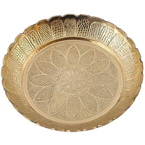 Skywalk Handmade Brass Puja Thali With Flower Emossed Design,Brass Pooja Plate For Home & Office Decoration & Gifting (Size-7 Inch) Small Gold