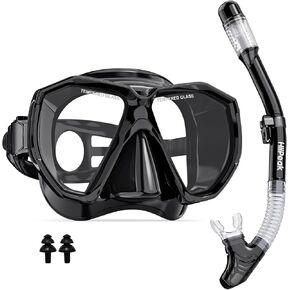 HiiPeak Snorkeling Gear for Adults, Dry Snorkel Set, Panoramic Wide View, Diving Scuba Mask Snorkel mask Set Dry Snorkel Swimming Glasses Nose Cover Youth Diving Goggles Masks