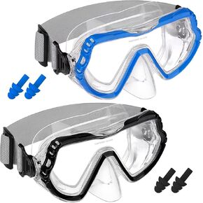 2 Pack Kids Swim Goggles with Nose Cover - Pool Goggles Swim Mask with Swimming Earplugs Set - Anti-Fog Youth Goggles with Nose Cover - Tempered Glass Nose Goggles with Elastic Strap