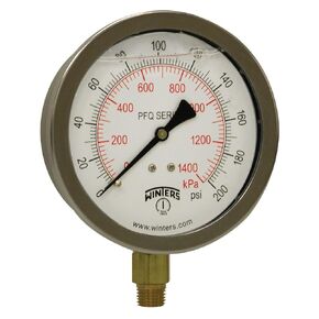 Winters 4" Dial Size, Liquid Filled Industrial Pressure Gauge, Brass Internals, 304 Stainless Steel Case, Dual Scale 0-200 psi/kPa, 1.5% Acc, 1/4" NPT Bottom Mount, Glycerin Filled Pressure Gauge