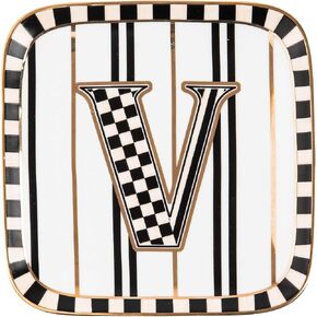 MACKENZIE-CHILDS Monogram Dish, Decorative Ceramic Letter Plate, 5 3/4" Square, K