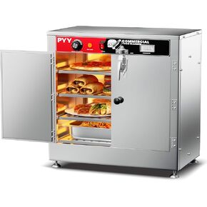 PYY Hot Box Food Warmer, Commercial Catering Warming Cabinet for Pizza Pretzel, Electric Countertop Heating Machine for Restaurant, Buffet and Party, 4-Tier Dual Door with Water Tray and Thermometer