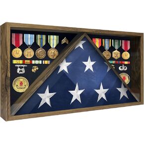 Memorial Flag Display Case for 5' x 9.5' American Veteran Burial Flag with HD Tempered Glass, Military Shadow Box with Velvet Felt Lining for Medals, Black
