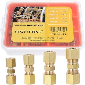 LTWFITTING Assortment Kit Tube OD 1/8" 3/16" 1/4" 5/16" Brass Compression Union Set (Pack of 40)
