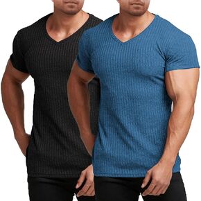 COOFANDY Men's Muscle T Shirts Stretch Short Sleeve V Neck Bodybuilding Workout Tee Shirts Ribbed Knit Shirt