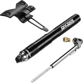 Mini Bike Tire Pump with Pencil Tire Pressure Gauge Inflates to 120 PSI and Works with Schrader and Presta Valves. Portable Hand Air Pump Includes Bicycle Frame Mount.