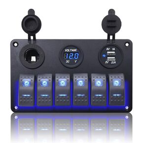 Geloo Boat Rocker Switch Panel Waterproof, 6 Gang Marine Switch Panel Aluminum Panel with 3.1A Daul USB Socket Cigarette Lighter Socket Volt Meter, 12V Boat Switch Panel for Truck Marine Boat Car RV