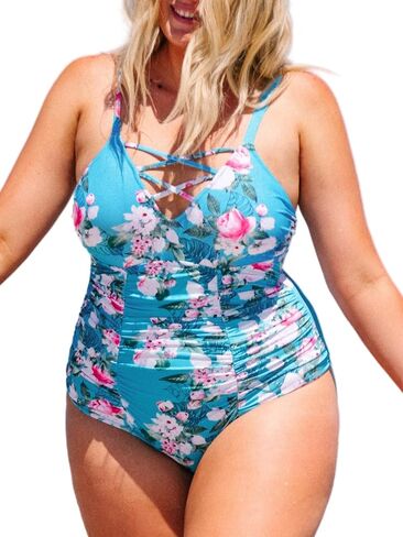CUPSHE Women Swimsuit Plus Size One Piece Bathing Suit Ruched Tummy Control Front Crisscross V Neck in Saudi Arabia