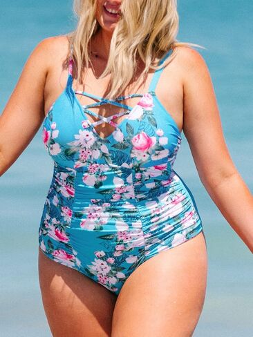 CUPSHE Women Swimsuit Plus Size One Piece Bathing Suit Ruched Tummy Control Front Crisscross V Neck in Saudi Arabia