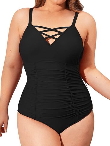 CUPSHE Women Swimsuit Plus Size One Piece Bathing Suit Ruched Tummy Control Front Crisscross V Neck in Saudi Arabia