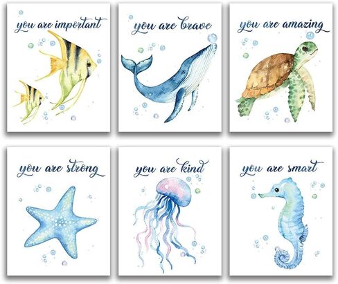 Texture Of Dreams Watercolor Sea Marine Life Art Print, Inspirational Words Sea Turtle Seahorse Fish Whale Jellyfish Watercolor Wall Poster, Blue Ocean Theme Nursery Kids Room Wall Decor Set of 6 in Saudi Arabia