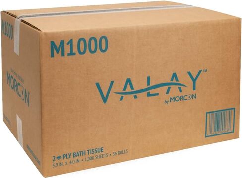 Morcon M1000 مناديل حمام صغيرة الحجم، آمنة للصرف الصحي، طبقتين، أبيض، 1000 ورقة/لفة، 36 لفة/كرتون، 1 كرتون in Kuwait