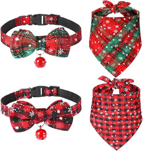 4 Pieces Christmas Dog Bandanas and Collars Set Xmas Christmas Classic Plaid Dog Neck Tie Triangle Bib Scarf Kerchief Adjustable PET Bow Tie with Safety Bell PET Costume for Cat Dog (L, Classic Style) in Saudi Arabia