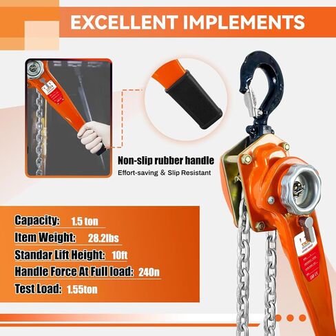 Lever Chain Hoist 1-1/2Ton 10FT Manual Chain Hoist - Heavy Duty 3300Lbs Ratchet Chain Puller with Durable Hooks for Easy Lifting - Ideal for Construction, Warehouses, and Garage Work in Saudi Arabia