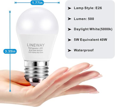 LINEWAY Refrigerator Light Bulb LED Fridge Light Bulbs 5W 40 Watt Equivalent, 120V A15 Waterproof Fridge Appliance Light Bulb 5000K 5W E26 Medium Base Freezer Kitchen Home Lighting, Not-Dim, 2 Pack in Saudi Arabia