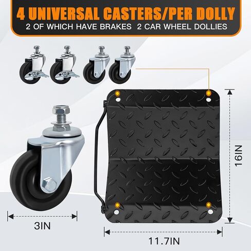 مجموعة سيارات دوللي مكونة من 4 قطع، دوللي ذات عجلات أوتوماتيكية، دوللي عجلة السيارة، زلاجات إطارات السيارة شديدة التحمل، سعة 6000 رطل، دوللي سيارة متحركة، شاحنات، دراجات نارية - دوللي محرك السيارة، أسود in Kuwait