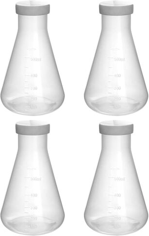 قارورة QWORK Erlenmeyer، 4 عبوات 17 أونصة / 500 مل، رقبة ضيقة مع غطاء لولبي، مقياس مصبوب، قابل للتعقيم، أبيض in Saudi Arabia