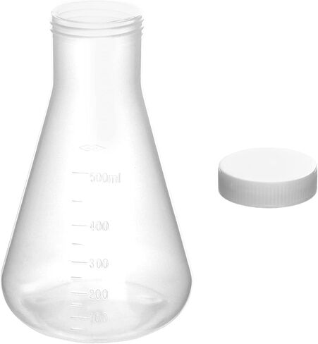 قارورة QWORK Erlenmeyer، 4 عبوات 17 أونصة / 500 مل، رقبة ضيقة مع غطاء لولبي، مقياس مصبوب، قابل للتعقيم، أبيض in Saudi Arabia