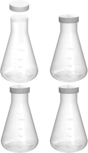 قارورة QWORK Erlenmeyer، 4 عبوات 17 أونصة / 500 مل، رقبة ضيقة مع غطاء لولبي، مقياس مصبوب، قابل للتعقيم، أبيض in Saudi Arabia