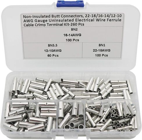 260 قطعة من موصلات المؤخرة غير المعزولة 22-18/16-14/12-10 AWG قياس غير معزول لسلك كهربائي حلقات كابل تجعيد طرفية عدة للتوصيل الكهربائي DIY in Kuwait