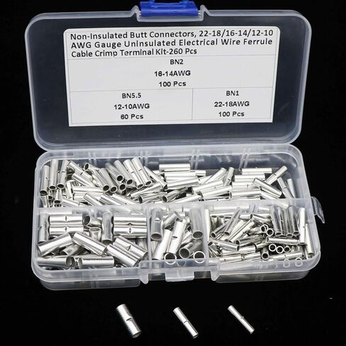 260 قطعة من موصلات المؤخرة غير المعزولة 22-18/16-14/12-10 AWG قياس غير معزول لسلك كهربائي حلقات كابل تجعيد طرفية عدة للتوصيل الكهربائي DIY in Kuwait