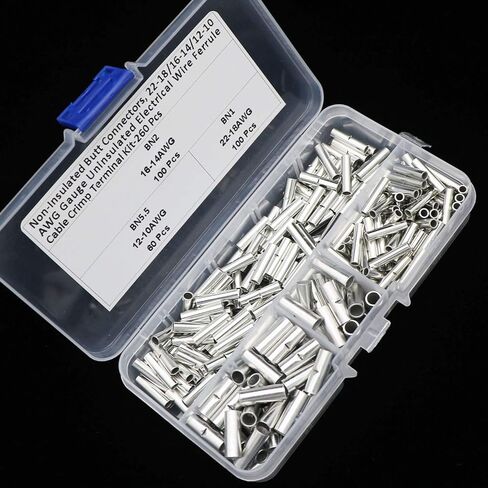 260 قطعة من موصلات المؤخرة غير المعزولة 22-18/16-14/12-10 AWG قياس غير معزول لسلك كهربائي حلقات كابل تجعيد طرفية عدة للتوصيل الكهربائي DIY in Kuwait