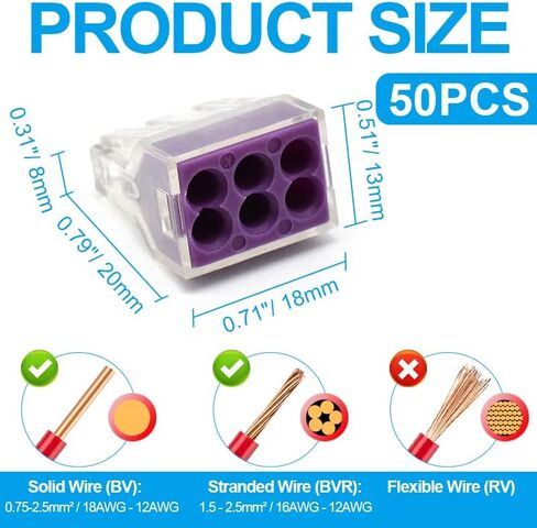 50pcs 6 Port Push-in Electrical Wire Connector, PCT-106 Quick Connection Terminal Compact Wire Connector for 18-12 AWG Solid Stranded Wires in Saudi Arabia