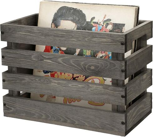 MyGift Vintage Gray Solid Wood Vinyl Record Album Holder Crate Style Organizer Carrier Box with Handles, Fits 7, 10 and 12-inch Sleeve Discs in Saudi Arabia