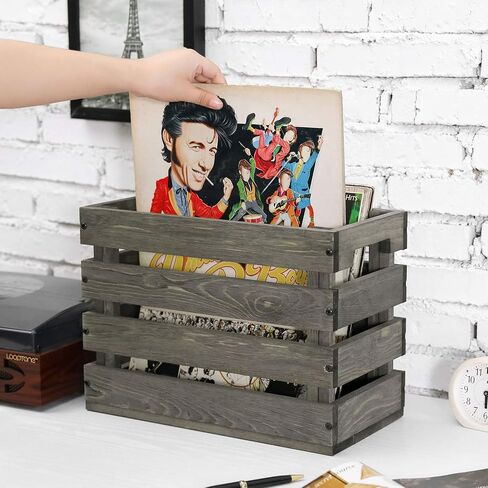 MyGift Vintage Gray Solid Wood Vinyl Record Album Holder Crate Style Organizer Carrier Box with Handles, Fits 7, 10 and 12-inch Sleeve Discs in Saudi Arabia