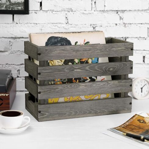 MyGift Vintage Gray Solid Wood Vinyl Record Album Holder Crate Style Organizer Carrier Box with Handles, Fits 7, 10 and 12-inch Sleeve Discs in Saudi Arabia