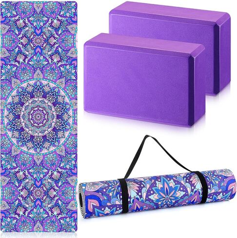 3 Pcs Yoga Mat Yoga Block 6 MM Thick Purple Yoga Mat Non Slip with Carrying Strap Travel Yoga Mat for Exercise, Yoga, Fitness, Pilates, Floor Workouts in Saudi Arabia