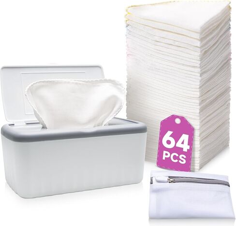 64PCS Reusable Baby Wipes, Soft Natural Cotton Baby Face Wipes, Cotton Cloth Baby Wipes with Dispenser, Machine Washable, 8x8 Inch, Multi-Color in Kuwait