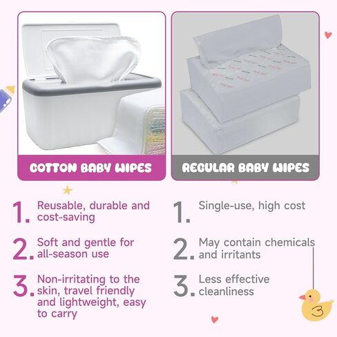64PCS Reusable Baby Wipes, Soft Natural Cotton Baby Face Wipes, Cotton Cloth Baby Wipes with Dispenser, Machine Washable, 8x8 Inch, Multi-Color in Kuwait