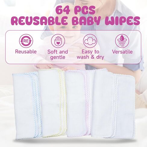 64PCS Reusable Baby Wipes, Soft Natural Cotton Baby Face Wipes, Cotton Cloth Baby Wipes with Dispenser, Machine Washable, 8x8 Inch, Multi-Color in Kuwait